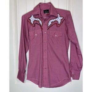 Vintage 70s Champion Westerns Pink Red Snap Shirt Embroidered Yoke Rodeo Small